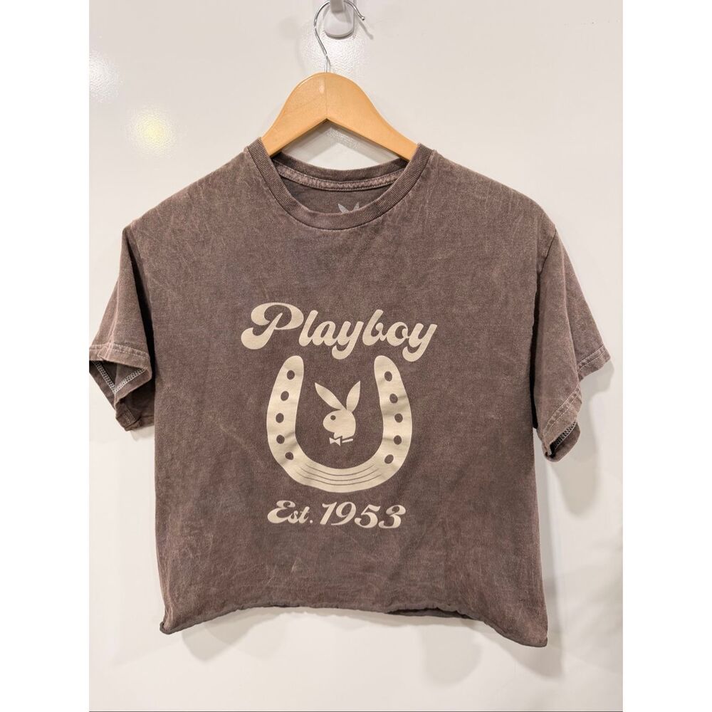 Playboy‎ Est 1953 Horseshoe Mineral Wash Crop Tee M